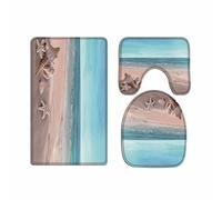 A.Monamour Set Tappeti Bagno 3 Pezzi Completo Blue Ocean Starfish Conchiglia Vacanza Spiaggia Mare Scenario Nautico Antiscivolo Morbidi Assorbente Lavabile Tappetini per Il Bagno WC Bidet