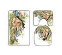 A.Monamour Set Tappeti Bagno 3 Pezzi Completo Cavallino E Coniglietto Su Sfondo Prato Fiorito Disegno Animale Antiscivolo Morbidi Assorbente Lavabile Tappetini per Il Bagno WC Bidet