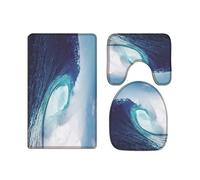 A.Monamour Set Tappeti Bagno 3 Pezzi Completo Cielo Blu Alta Onda Dell'Oceano Surf Natura Scenario Antiscivolo Morbidi Assorbente Lavabile Tappetini per Il Bagno WC Bidet