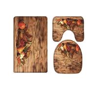 A.Monamour Set Tappeti Bagno 3 Pezzi Completo Foglie Autunnali Bacche Verdure Su Pavimento In Legno Sfondo Giorno Del Ringraziamento Antiscivolo Morbidi Assorbente Lavabile Tappetini per Il Bagno WC