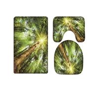A.Monamour Set Tappeti Bagno 3 Pezzi Completo Luce Del Sole Brillante Attraverso Alberi Verdi Foresta Natura Stampa Scenica Antiscivolo Morbidi Assorbente Lavabile Tappetini per Il Bagno WC Bidet