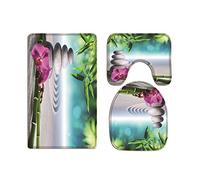 A.Monamour Set Tappeti Bagno 3 Pezzi Completo Meditazione Yoga Zen Piante Verdi Fiori Di Orchidea Rocce Pietre Antiscivolo Morbidi Assorbente Lavabile Tappetini per Il Bagno WC Bidet
