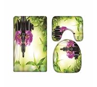 A.Monamour Set Tappeti Bagno 3 Pezzi Completo Meditazione Yoga Zen Piante Verdi Fiori Di Orchidea Rocce Pietre Acqua Scenario Naturale Antiscivolo Morbidi Assorbente Lavabile Tappetini per Il Bagno WC