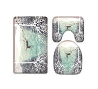 A.Monamour Set Tappeti Bagno 3 Pezzi Completo Natale Inverno Neve Alci Cervi Che Corrono Nella Notte Antiscivolo Morbidi Assorbente Lavabile Tappetini per Il Bagno WC Bidet
