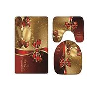 A.Monamour Set Tappeti Bagno 3 Pezzi Completo Palle Di Natale Dorate Fiocchi Di Nastro Rosso Vacanza Antiscivolo Morbidi Assorbente Lavabile Tappetini per Il Bagno WC Bidet