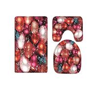 A.Monamour Set Tappeti Bagno 3 Pezzi Completo Palline Di Natale Colorate Sfondo Ornamenti Per Le Vacanze Antiscivolo Morbidi Assorbente Lavabile Tappetini per Il Bagno WC Bidet