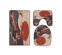 A.Monamour Set Tappeti Bagno 3 Pezzi Completo Pesce Carpa In Stile Giapponese Onde Dell'Oceano Sole Rosso Antiscivolo Morbidi Assorbente Lavabile Tappetini per Il Bagno WC Bidet