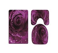 A.Monamour Set Tappeti Bagno 3 Pezzi Completo Sfondo Floreale Fiore Rosa Viola Arte Antiscivolo Morbidi Assorbente Lavabile Tappetini per Il Bagno WC Bidet