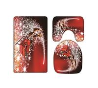 A.Monamour Set Tappeti Bagno 3 Pezzi Completo Sfondo Rosso Babbo Natale In Sella Alla Slitta Renne Che Tirano La Slitta Antiscivolo Morbidi Assorbente Lavabile Tappetini per Il Bagno WC Bidet