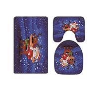 A.Monamour Set Tappeti Bagno 3 Pezzi Completo Simpatico Cartone Animato Renna Babbo Natale Blu Bokeh Sfondo Stampa Di Natale Antiscivolo Morbidi Assorbente Lavabile Tappetini per Il Bagno WC Bidet