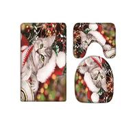 A.Monamour Set Tappeti Bagno 3 Pezzi Completo Simpatico Gattino Gatto Che Indossa Il Cappello Di Babbo Natale Natale Antiscivolo Morbidi Assorbente Lavabile Tappetini per Il Bagno WC Bidet