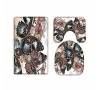A.Monamour Set Tappeti Bagno 3 Pezzi Completo Stampa Floreale Vintage Con Motivo A Farfalle Antiscivolo Morbidi Assorbente Lavabile Tappetini per Il Bagno WC Bidet