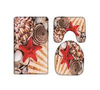 A.Monamour Set Tappeti Bagno 3 Pezzi Completo Stella Marina Conchiglia Sfondo Mare Nautico Spiaggia Antiscivolo Morbidi Assorbente Lavabile Tappetini per Il Bagno WC Bidet