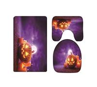 A.Monamour Set Tappeti Bagno 3 Pezzi Completo Zucca Incandescente Contro Il Cielo Viola Vacanze Di Halloween Antiscivolo Morbidi Assorbente Lavabile Tappetini per Il Bagno WC Bidet