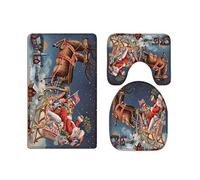 A.Monamour Set Tappeti Bagno 3 Pezzi Renne Di Babbo Natale Che Tirano La Slitta Sopra Il Villaggio Alla Vigilia Di Natale Innevata Antiscivolo Morbidi Assorbente Lavabile Tappetini per Il Bagno