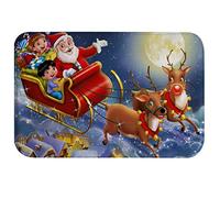 A.Monamour Tappetino per Bagno Antiscivolo Assorbente Morbido Bambini Babbo Natale In Sella A Una Slitta Cartone Animato Renne Luna Rotonda Decorazioni Natalizie Tappeto Doccia Cucina 40x60cm