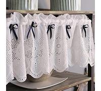A.Monamour Tenda a Mantovana in Cotone Bianco Ricamato con Pizzo Rustico - Mezza Tenda Della Porta per Armadio e Finestra a Vetro - Cucina Bistrot Caffè con Fiocco Blu Scuro