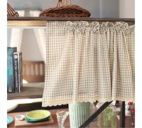 A.Monamour Tenda Corta per Finestra Piccola Cotone Lino Opaco A Quadri Scacchi Kaki Check Con Pizzo Tendina Cucina Bistrot Caffè Mezza Mantovana Tenda a Vetro a Pannello Porta