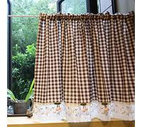 A.Monamour Tenda Corta per Finestra Piccola in Cotone a Quadri a Scacchi Marrone con Rosa Ciliegia Rurale Opaca Tendina Tenda da Cucina Bistrot Caffè Mezza Tenda Mantovana Tenda a Vetro Tenda Porta
