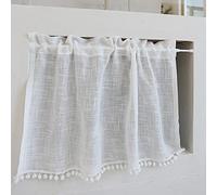 A.Monamour Tenda Corta per Finestra Piccola in Cotone Lino Bianco Trasparente Con Pompon Nappa - Pannello da Cucina Bistrot Caffè Mezza Mantovana a Vetro