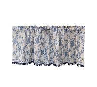 A.Monamour Tenda Corta Per Finestra Piccola in Cotone Lino Con Fiori Blu Botanico e Pompon - Mantovana Stile Country Opaca Per Cucina Bistrot Caffè - Mezza Tenda Della Porta a Vetro