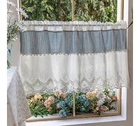 A.Monamour Tenda Corta per Finestra Piccola - Ricami In Pizzo Bianco Blu A Strisce A Righe In Cotone Vintage Rustico - Tendina da Cucina Bistrot Caffè Mezza Mantovana a Vetro