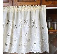 A.Monamour Tenda Corta per Finestra Piccola Stile Rustico Ricamo Floreale in Cotone Beige Tendina Tenda da Cucina a Vetro a Pannello Bistrot Caffè Mezza Mantovana Porta Armadio