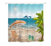 A.Monamour Tenda da Doccia Impermeabile In Poliestere Tessuto Mare Spiaggia Ombrellone Sedia Blu Oceano Sabbia Spiaggia Delfino Stampa Nautica Antimuffa Tende per Doccia Tenda della Vasca da Bagno