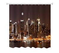 A.Monamour Tenda da Doccia Impermeabile In Poliestere Tessuto Sfondo Marrone Cioccolato Città Notte Edifici Tondo Luna Scenario Stampa Antimuffa Resistente Tende per Doccia Tenda della Vasca da Bagno