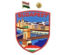 A-ONE Confezione da 2 spille da bavero con scudo Budapest+bandiera del paese dell'Ungheria, toppa con simbolo dell'Europa, spilla con bandiera europea, toppa resistente n. 413P