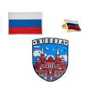 A-ONE Confezione da 3 pezzi - Mosca Russia Patch ricamata+Russia Bandiera del Paese della Russia Patch Badge+Bandiera Russa Pulsante in Metallo Pin distintivo NO.167B