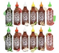 A-ONE Sriracha - Set di 12 salse al peperoncino da 500 ml, con 6 sapori da 2 bottiglie, classico, super caldo, aglio, citronella, zenzero, verde, confezione risparmio - vegetariana