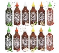 A-ONE Sriracha - Set di 12 salse al peperoncino da 500 ml, con 6 sapori da 2 bottiglie, classico, super caldo, aglio, citronella, zenzero, verde, confezione risparmio - vegetariana
