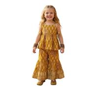 A.T.U.N. (ALL THINGS UBER NICE) Elegante set di peplo Sharara in cotone stampato per ragazze | Cinghie di fissaggio, senape, 3-4 Y