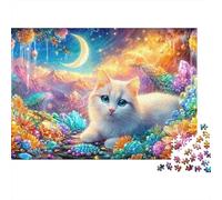 A White Kitten Rests Among Crystals And Glowing Flowers Under A Moon Puzzle Da 1000 Pezzi Cute Cat Sfidante E Educativo Per Tutte Le Età 70x50cm/1000pcs