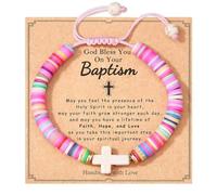 A-yeite Braccialetto da donna in argilla colorata, con croce da surfista, per la prima comunione, elasticizzato, braccialetto religioso cristiano, gioiello dell'amicizia, regalo, Adjustable, Resina