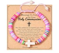 A-yeite Braccialetto da donna in argilla colorata, con croce da surfista, per la prima comunione, elasticizzato, braccialetto religioso cristiano, gioiello dell'amicizia, regalo, Adjustable, Resina