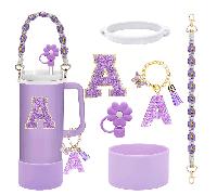 A-Z Set di 4 accessori per tazza da 30-40 once - Set di accessori, ciondolo con lettera A, base protettiva in silicone per tazza d'acqua, adesivo con lettera per tazza d'acqua, regali a sorpresa per l