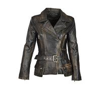 A1 FASHION GOODS Giacca da motociclista da donna in pelle nera vintage sfregamento sottile in vita cappotto con cintura - Coco, Nero , 52