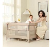 A2DAO 5 in 1 Pack and Play, lettino per bambini, lettino con fasciatoio, lettino pieghevole da viaggio per neonati e bambini, beige