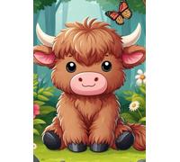 A5 size (5.8 x 8.3 in) 100 page lined notebook - Cute highland cow sat in a forest surrounded by flowers and butterflies