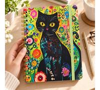A5 Spiral Notebook, Black Cat Floral Lined Journal, 160 Pages with Pocket | Copertina colorata con gatto nero, 160 pagine a righe, spirale dorata, chiusura elastica e tasca interna per appunti in