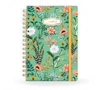 A5 Spiral Notebook with Elastic Band, Floral Design, 8.5x5.7 in, Green | Quaderno a spirale con copertina rigida, formato A5, segnalibro con nastro e tasca posteriore 3D, diario di scrittura