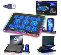 AABCOOLING QUANTUM - Ventola PC Portatile da 9-17" con Supporto per Telefono, 13 Ventole Silenziose ed Efficienti, Base Raffreddamento, 9 Livelli di Altezza, Supporto Notebook, Laptop Stand RGB