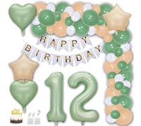 Aabellay Decorazioni per feste di 12° compleanno verde salvia banner di buon compleanno in oro bianco verde oliva palloncino in lattice bianco crema palloncino in lamina con numero palloncino in