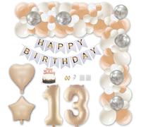 Aabellay Decorazioni per feste di 13° compleanno, color oro caramello, striscione di buon compleanno, albicocca, palloncino in lattice bianco crema, numero in lamina con spirale da appendere,