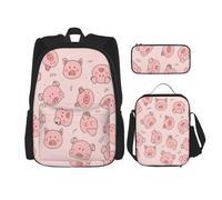 aacxzff Set da 3 pezzi con stampa di maialino rosa per studenti: borsa per la scuol astuccio+borsa per il pranzo combinazione