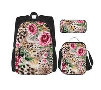 aacxzff Set da 3 pezzi per la scuola con stampa animale, tigre, leopardo, rosa, fiore, set per studenti: borsa da scuol astuccio+borsa per il pranzo combinazione