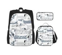 aacxzff Set da 3 pezzi per studenti con stampa di un simpatico bassotto, borsa per la scuol astuccio+borsa per il pranzo