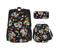 aacxzff Set di 3 pezzi di puzzle per la consapevolezza dell'autismo, con stampa a forma di cuore, per studenti: borsa da scuol astuccio+borsa per il pranzo combinazione